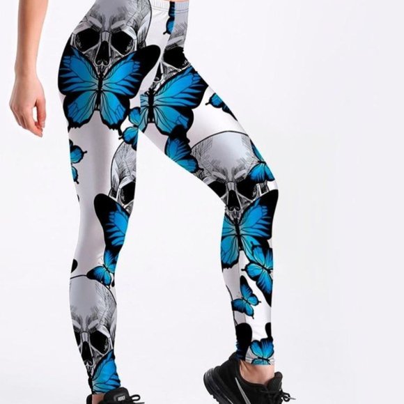 Pants - Blue Flirtatious Butterfly Skull leggings L037